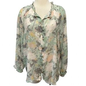 Spartina 449 Mint Green Floral 100% Silk Blouse Size Small Long Sleeve Buttons